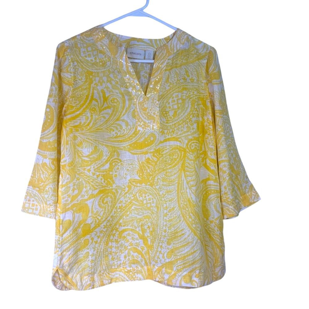 Chico’s Notch Neck Linen Tunic with Sequin Detail Size XSmall AA0507